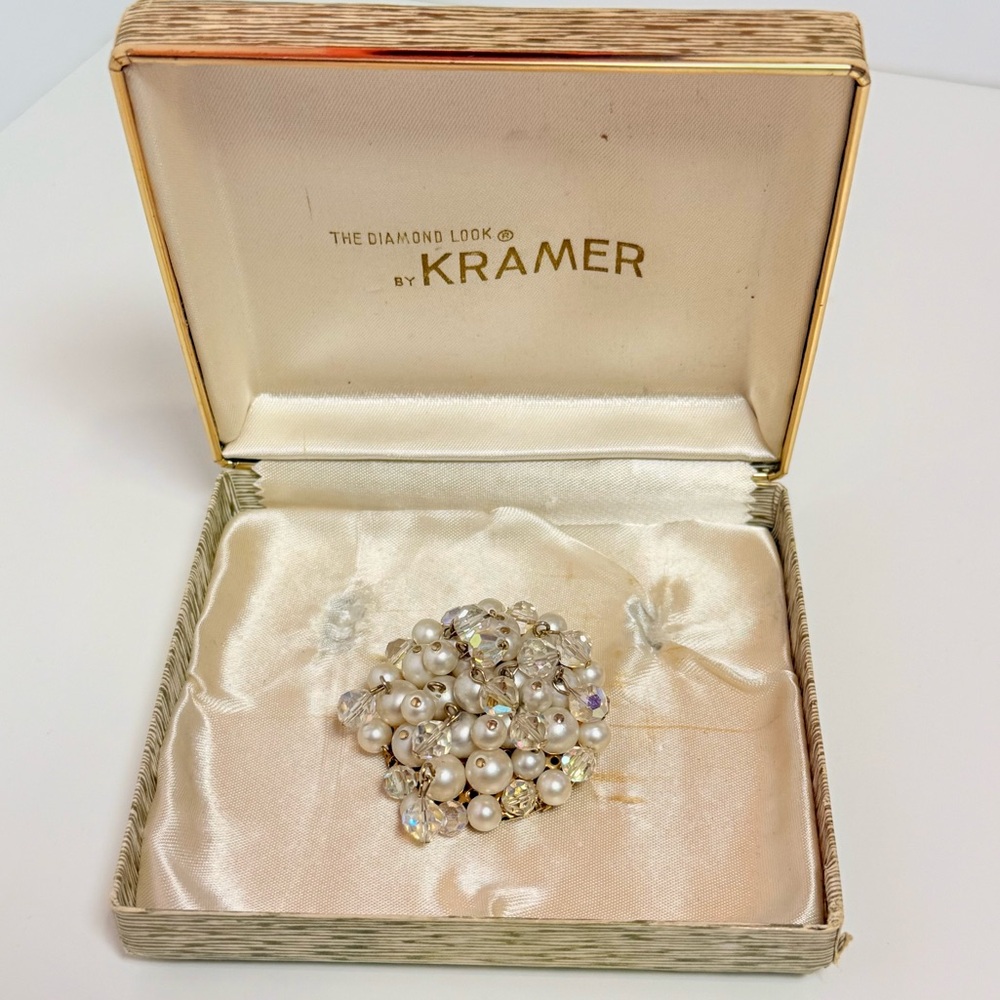 Kramer Pearl and Aurora Borealis Crystal Brooch in Box Vintage Signed